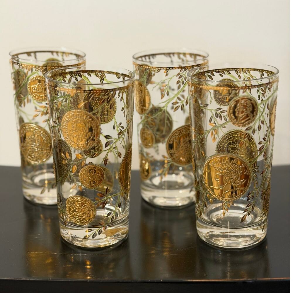 Vintage Culver Rare Midas Highball Tumbler Glass Coins and Vines MCM Set of 4 - Picture 3 of 14
